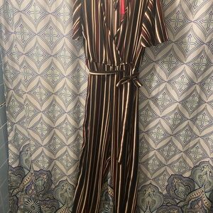 NWT Striped Black and Brown Jumpsuit Wrap Style with Button Back and belt NWT